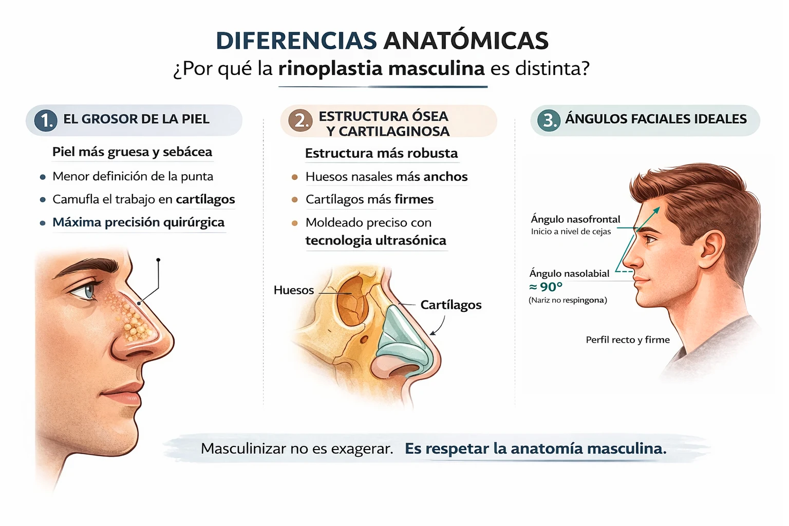 Infografía sobre las diferencias anatómicas en la rinoplastia masculina que explica el grosor de la piel, la estructura ósea y los ángulos faciales ideales para lograr un perfil nasal masculino natural.